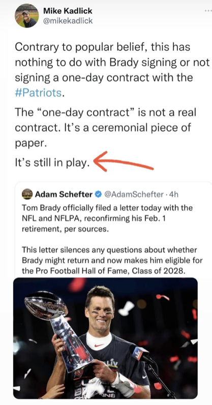 Schefter] Tom Brady officially filed a letter today with the NFL and NFLPA,  reconfirming his Feb. 1 retirement, per sources. This letter silences any  questions about whether Brady might return and now